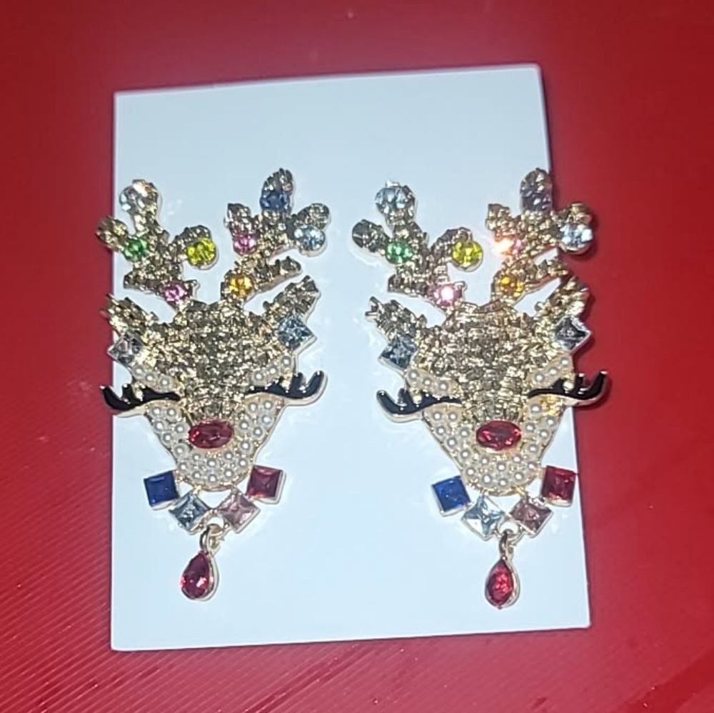 Gold Reindeer Earrings with Multicolor Accents